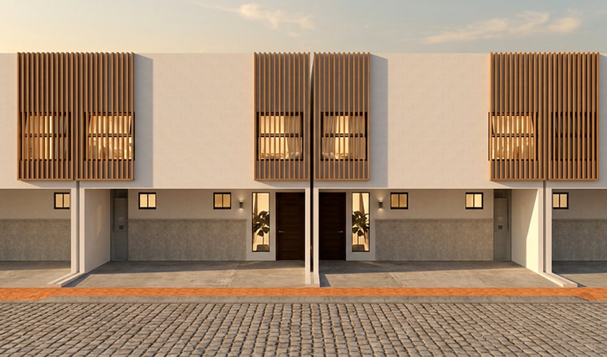 Fachada de Casa San Francisco: planta alta con celosías de madera y planta baja en piedra