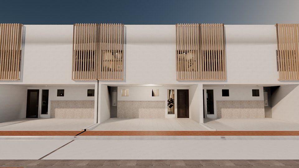 Fachada de Casa San Francisco: planta alta con celosías de madera y planta baja en piedra