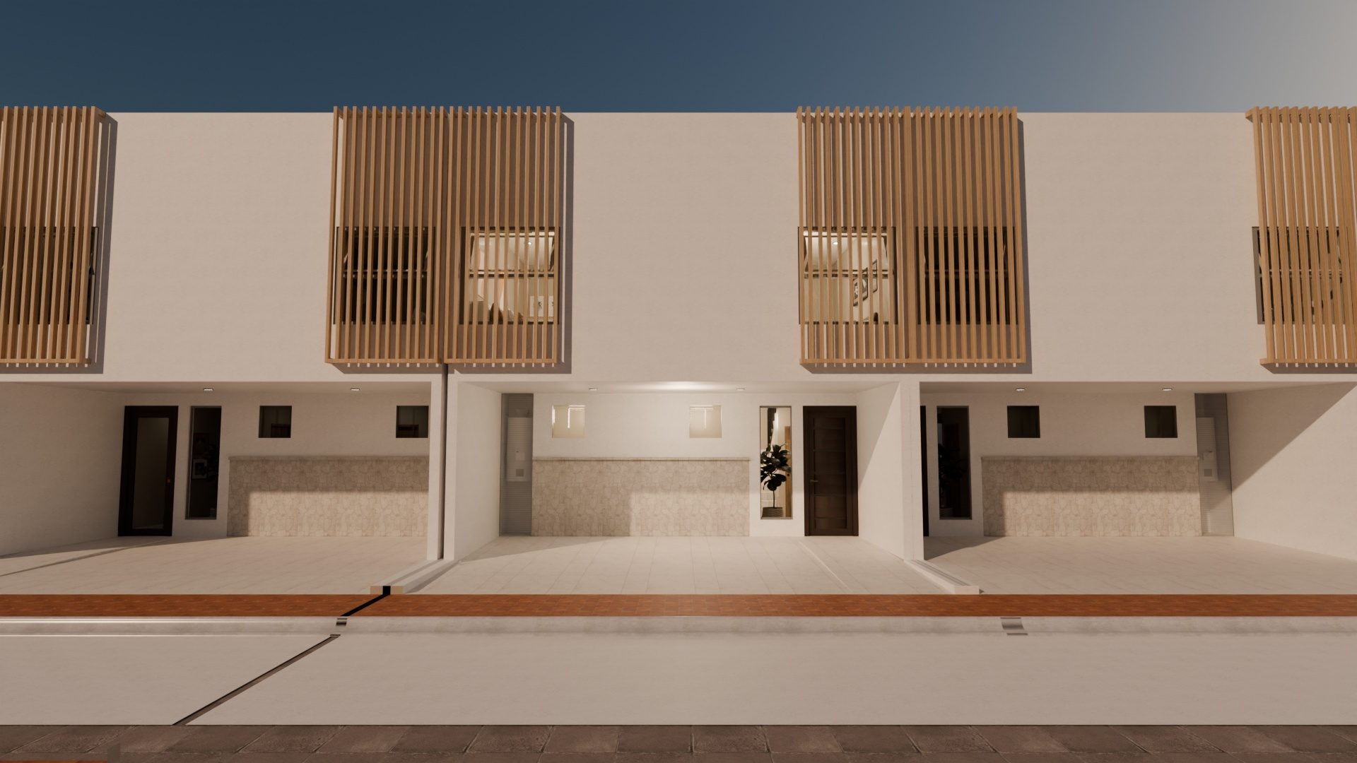 Fachada de Casa San Francisco: planta alta con celosías de madera y planta baja en piedra